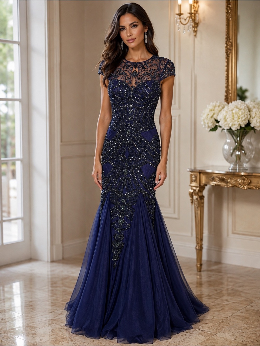 Sherri Hill 50516 Size 0 NWT Navy Beaded Mermaid Evening Gown Formal Prom Dress